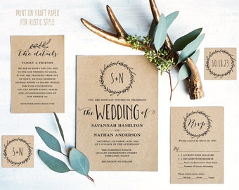 Rustic Wedding Invitation, Classic Wreath Wedding Invitation Template, Kraft Wedding Invitations, DIY Wedding Invites, Editable Text, VW06