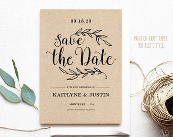 Save the Date Card, Printable Save the Date Template, Wedding Save the Date Card, Rustic Kraft Save the Date Card, VW01