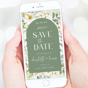 Digital Save the Date Template, Editable Save the Date, Electronic Save the Date Card, Greenery, White Floral, Sage, Textable, VWC66