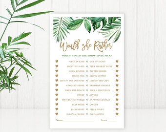 Would She Rather Game, Bridal Shower Game, Who Knows the Bride Best, Printable Bridal Party Games, Tropical Greenery, Palm Leaves, VWC81