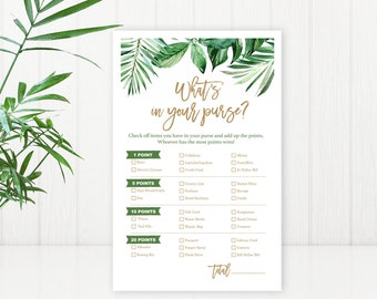 May include: A printable game card with a tropical theme. The card has a green and white background with a gold title that says "What's in your purse?" The card has a list of items to check off and points assigned to each item. The card is designed for a party game.