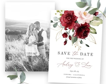 Save the Date Card, Printable Wedding Save the Date Template, Calligraphy, 4x6, 5x7, Plum, Wine, Burgundy Pink Floral, VWT14