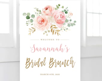 Blush Pink Floral Bridal Brunch Welcome Sign, Printable Bridal Brunch Sign Template, Editable Welcome Sign, Blush and Gold, VWC95