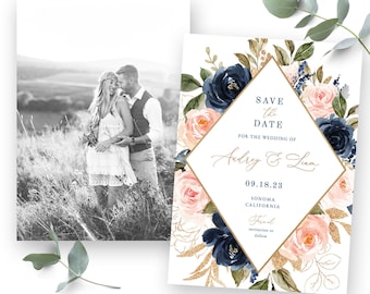 Navy and Blush Save the Date Card, Editable Save the Date Template, Printable, 4x6 and 5x7, Navy Blue, Pink, Floral, VWT13