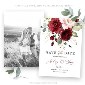 Save the Date Card, Printable Wedding Save the Date Template, Calligraphy, 4x6, 5x7, Plum, Wine, Burgundy Pink Floral, VWT14 image 1