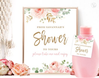Bridal Shower Favors Sign & Tags, From My shower to Yours, Printable Favors Sign, Editable Favor Tag or Label, Blush Pink and Gold, VWC95