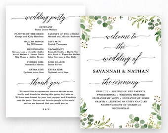 Wedding Program Template, Printable Rustic Greenery Wedding Programs, DIY Wedding Programs, VWC86