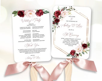 Wedding Fan Program, Printable Wedding Programs Template, Editable Text, Calligraphy, Burgundy Pink Floral, VWT14