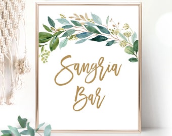 Sangria Bar Sign, Printable Bridal Shower Sign, DIY Sangria Bar Sign, Boho Greenery, Rustic, Gold, VWC79