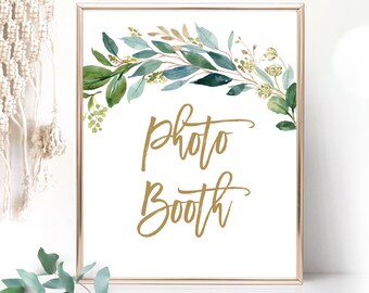Printable Photo Booth Sign, Greenery Bridal Shower Photo Booth Sign, Wedding Photo Booth Sign, Boho Greenery, Rustic, Gold, VWC79, VWC77
