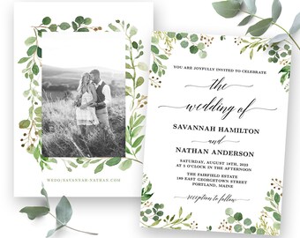 Rustic Greenery Wedding  Invitation, Printable Greenery Wedding Invitation Template, Editable Text, VWC86