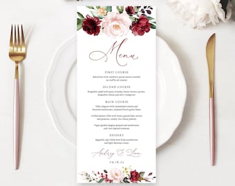 Wedding Menu Template, Printable Wedding Menu, Editable Text, 3 Sizes Included, Burgundy Pink Floral, Plum, Blush, VWT14