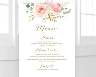 Large  Menu Sign, Printable Wedding Menu Sign Template, Portrait, Vertical, Editable, Blush Pink Floral, Blush, Gold, VWC94