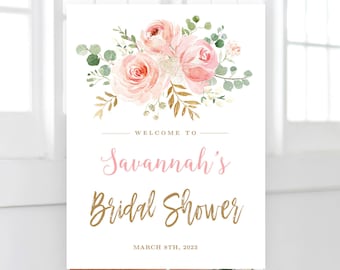 Blush Pink Floral Bridal Shower Welcome Sign, Printable Bridal Shower Sign Template, Editable Welcome Sign, Blush and Gold, VWC95