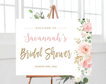 Blush Pink Floral Bridal Shower Welcome Sign, Printable Bridal Shower Sign Template, Editable Welcome Sign, Blush Gold, Landscape, VWC95