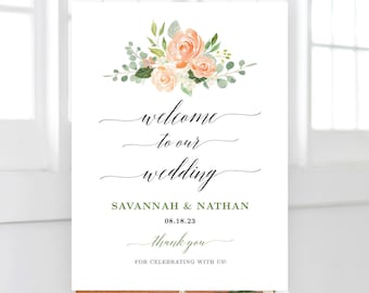 Printable Wedding Welcome Sign, Custom Wedding Sign Template, Editable, 18x24 and 24x36, Peach Floral, VWC85