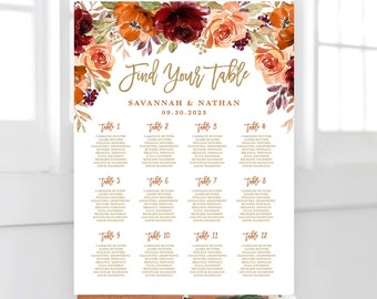 Fall Wedding Seating Chart Sign, Printable Seating Chart Sign Template, Editable, Boho, Autumn, Sienna, Burnt Orange, Burgundy, Boho, VWC74