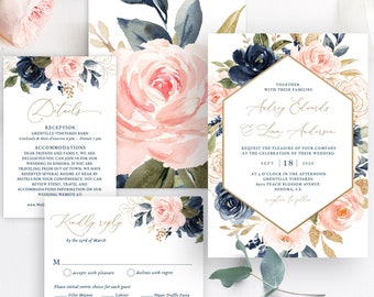 Navy and Pink Floral Wedding Invitation Set, Editable Navy and Blush Wedding Invitation Template, Pink, Floral, Gold, VWT13