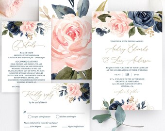 Navy and Blush Wedding Invitation Set, Editable Wedding Invitation Template, Editable, Navy Blue & Pink, Blush, Floral, Gold, VWT13