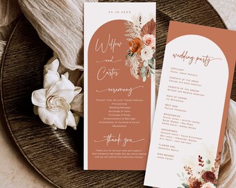 Arch Wedding Program Template, Boho Wedding  Program, Printable Wedding Program, 9x4, Terracotta, Rust, Floral, VWC72