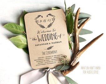 Wedding Fans, Printable Wedding Program Template, Wedding Fan Programs, Editable text, 5x7, Heart Wreath VW08