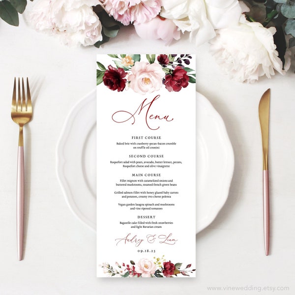 Wedding Menu Template, Printable Wedding Menu, Editable Text, 3 Sizes Included, Burgundy Pink Floral, Plum, Blush, VWT14