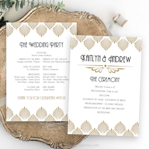 Art Deco Wedding Program, Editable Wedding Program Template, Printable, Gold, Gatsby, Art Deco Shell, 5x7 Flat, VW46