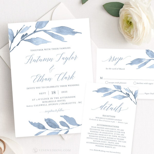 Dusty Blue Leaves Wedding Invitation Set, Printable Wedding Invitation Template, Editable, Slate Blue, Gray, Grey, VWT12