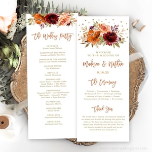 Fall Wedding Programs, Printable Wedding Program Template, Editable, 2 Sizes, Autumn, Burgundy, Burnt Orange, Sienna, Floral, VWC74