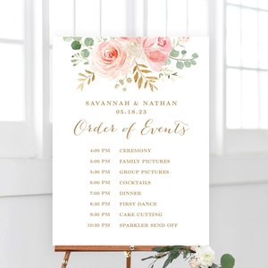 Wedding Order of Events Sign, Printable Wedding Timeline Template, Large Wedding Schedule Sign, Blush Pink Floral, VWC94