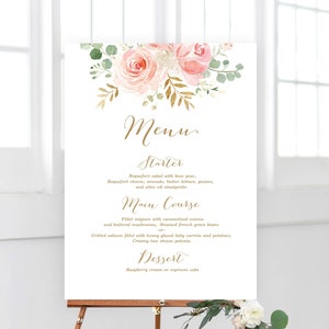 Large  Menu Sign, Printable Wedding Menu Sign Template, Portrait, Vertical, Editable, Blush Pink Floral, Blush, Gold, VWC94