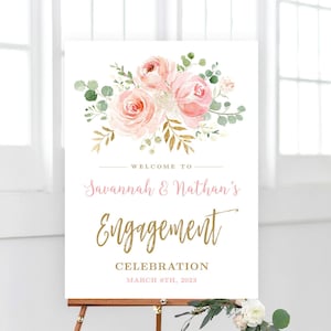 Engagement Party Welcome Sign, Printable Engagement Celebration Sign Template, Editable Welcome Sign, Blush Pink Floral, Gold, VWC95