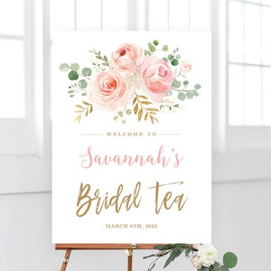 Blush Pink Floral Bridal Tea Welcome Sign, Printable Bridal Tea Sign Template, Editable Welcome Sign, Blush and Gold, VWC95