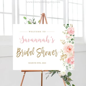 Blush Pink Floral Bridal Shower Welcome Sign, Printable Bridal Shower Sign Template, Editable Welcome Sign, Blush Gold, Landscape, VWC95