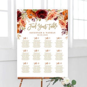 Fall Wedding Seating Chart Sign, Printable Seating Chart Sign Template, Editable, Boho, Autumn, Sienna, Burnt Orange, Burgundy, Boho, VWC74