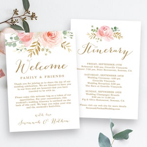 Wedding Welcome Bag Itinerary Note Template, Printable Itinerary Card, Wedding Welcome Letter Card, Editable, Blush Pink Floral, Gold, VWC94