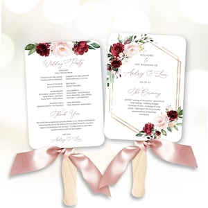 Wedding Fan Program, Printable Wedding Programs Template, Editable Text, Calligraphy, Burgundy Pink Floral, VWT14