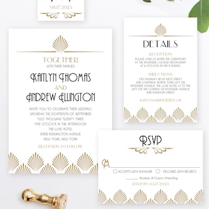 Art Deco Wedding Invitation Set, Editable Wedding Invitation Template, Printable, Gatsby, Gold, Shell, Hollywood Regency, VW46