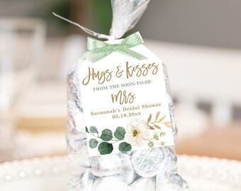 Hugs & Kisses Favor Tags, Editable Bridal Shower Favor Tag Template, Printable Kisses Favor Tags, Leaves, Boho Greenery, Gold, VWC79