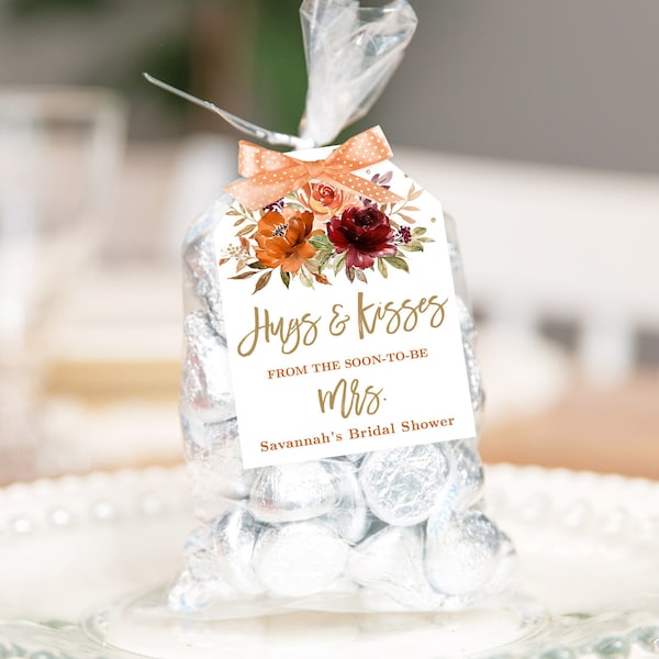 Hugs & Kisses Bridal Shower Favor Tags, Editable Bridal Shower Favor Tag Template, Fall, Autumn, Sienna, Burnt Orange, Floral, Gold, VWC76