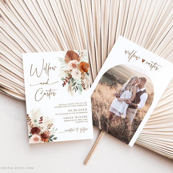 Editable Boho Wedding Invitation Template, Invite ONLY, Printable, Pampas, Terracotta, Rust, Burnt Orange, Arch, Photo, VWC72