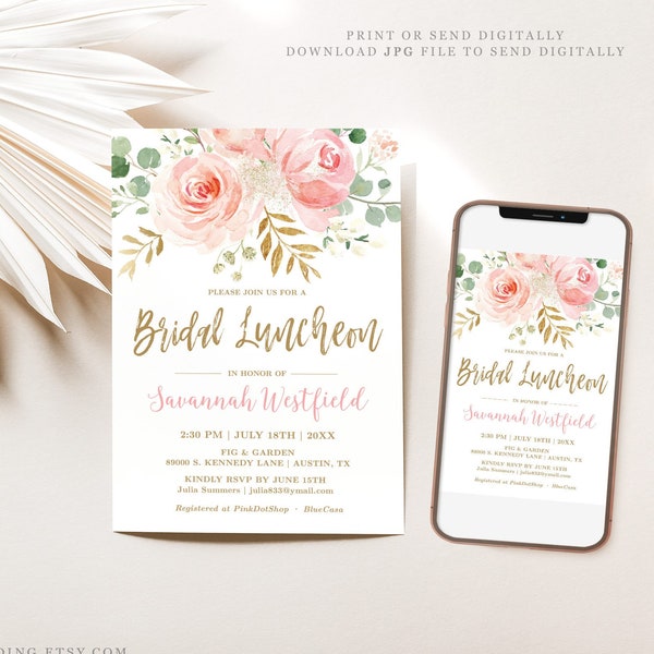 Bridal Luncheon Invitation Template, Editable, Printable Bridal Luncheon Invitation Card, Blush Pink Floral, Gold, VWC95