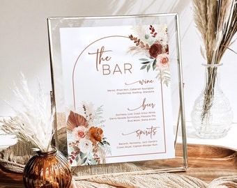 Wedding Bar Menu Sign Template, Boho Wedding Bar Menu Sign, Printable Wedding Bar Menu, Pampas, Arch, Terracotta, Rust, Floral, VWC72