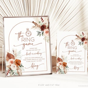 The Ring Game Bridal Shower Game Sign, Printable Bridal Shower Ring Game Sign, Editable, Boho, Arch, Terracotta, Rust, Floral, Willow, VWC71