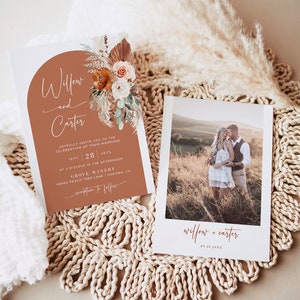 Boho Wedding Invitation, Editable Wedding Invitation, Printable Invite, Terracotta, Rust Orange, Pampas, Boho, Palm, Floral, VWC72