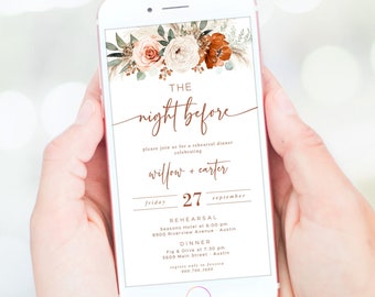 Digital Rehearsal Dinner Invitation, Electronic Rehearsal Dinner Invite Template, Textable, Mobile, Boho, Pampas, Rust, Terracotta, VWC72