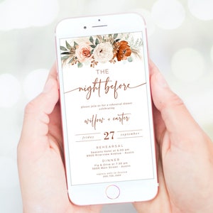 Digital Rehearsal Dinner Invitation, Electronic Rehearsal Dinner Invite Template, Textable, Mobile, Boho, Pampas, Rust, Terracotta, VWC72