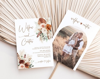 Editable Boho Wedding Invitation Template, Invite ONLY, Printable, Pampas, Terracotta, Rust, Burnt Orange, Arch, Photo, VWC72