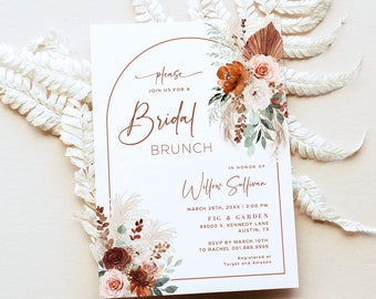 Bridal Brunch Invitation, Boho Bridal Brunch Invitation Template, Printable, Editable, Pampas, Floral, Arch, Rust, Terracotta, VWC71