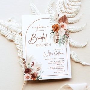 Bridal Brunch Invitation, Boho Bridal Brunch Invitation Template, Printable, Editable, Pampas, Floral, Arch, Rust, Terracotta, VWC71